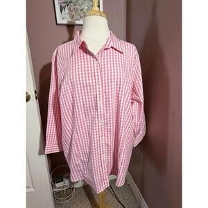 LL Bean Wrinkle Free Button Up Blouse Top Womens 2X Pink Gingham Cotton